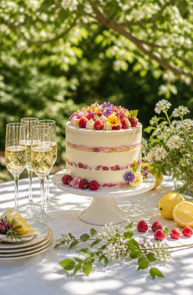 An outdoor table with a spring wedding cake and lemon decorations.