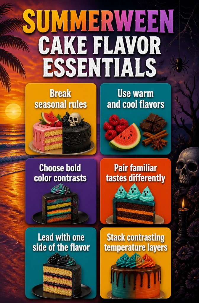 An infographic describing flavor essentials for Summerween cakes.