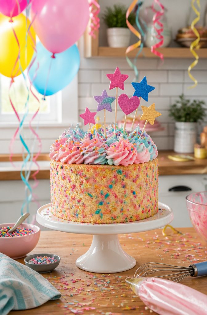 A funfetti cake with pastel buttercream and sprinkles in a lively setting.