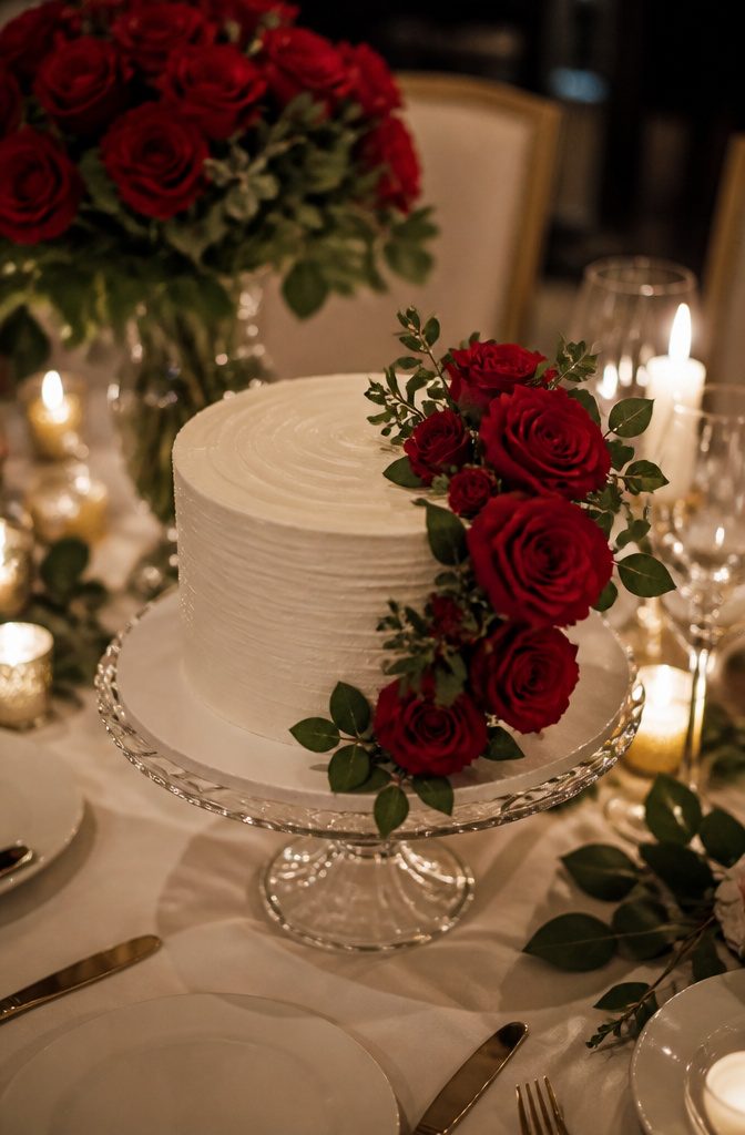 A smooth white cake adorned with fresh red roses.