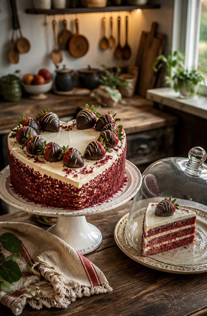 Heart-shaped cake with chocolate-covered strawberries on a cake stand.